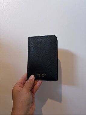 kate spade Black Textured Leather Passport/Card Holder with Gold Logo
